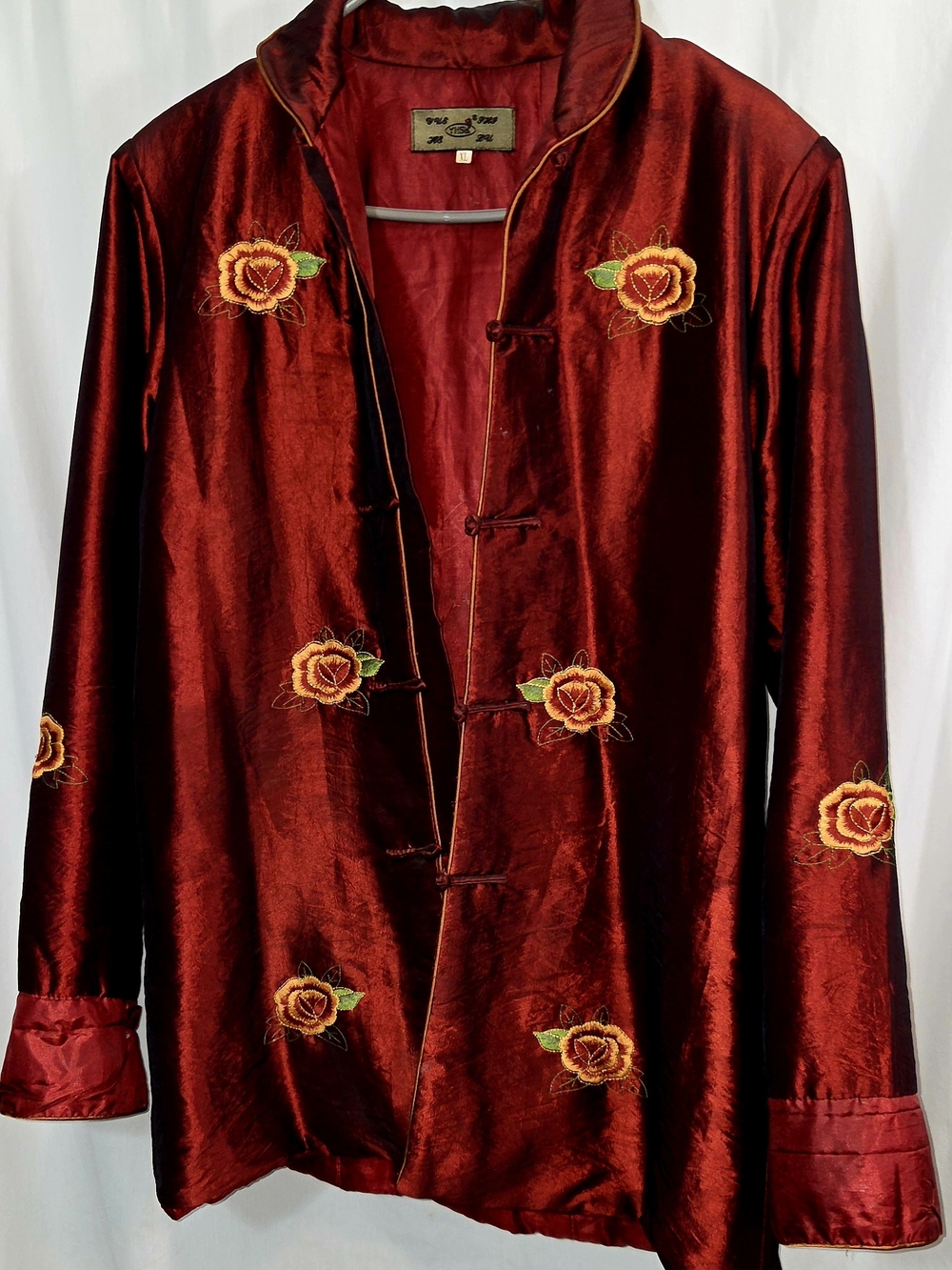 Women's Red Satin Embroidered Floral Blazer